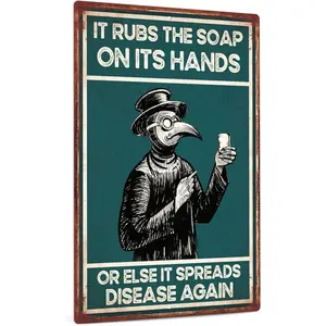Funny Plague Doctor "Rub The Soap" Vintage Metal Sign - 8x12 Inch Gothic Bathroom Wall Decor, Perfect Gift for Horror & Bathroom Lovers