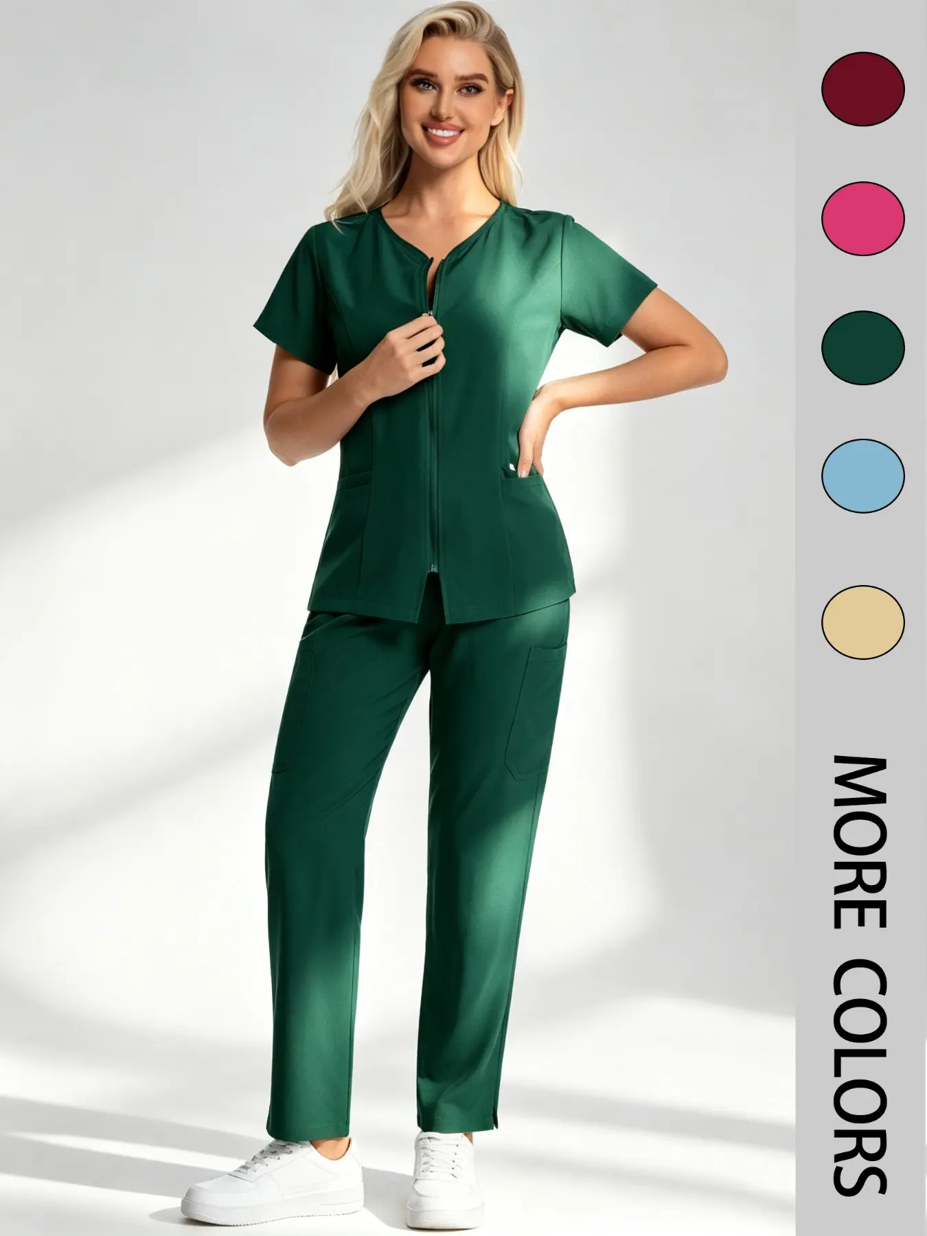 High Elasticity Breathable Scrub Set Uniforms, Zipper Top with Multiple Pockets, Suitable for Nurses, Dentists, Spa, Beauty Salons, Elderly Care, Child Clinics