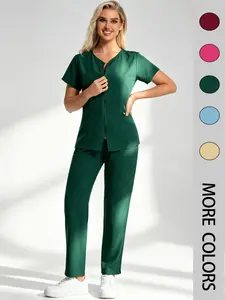 High Elasticity Breathable Scrub Set Uniforms, Zipper Top with Multiple Pockets, Suitable for Nurses, Dentists, Spa, Beauty Salons, Elderly Care, Child Clinics