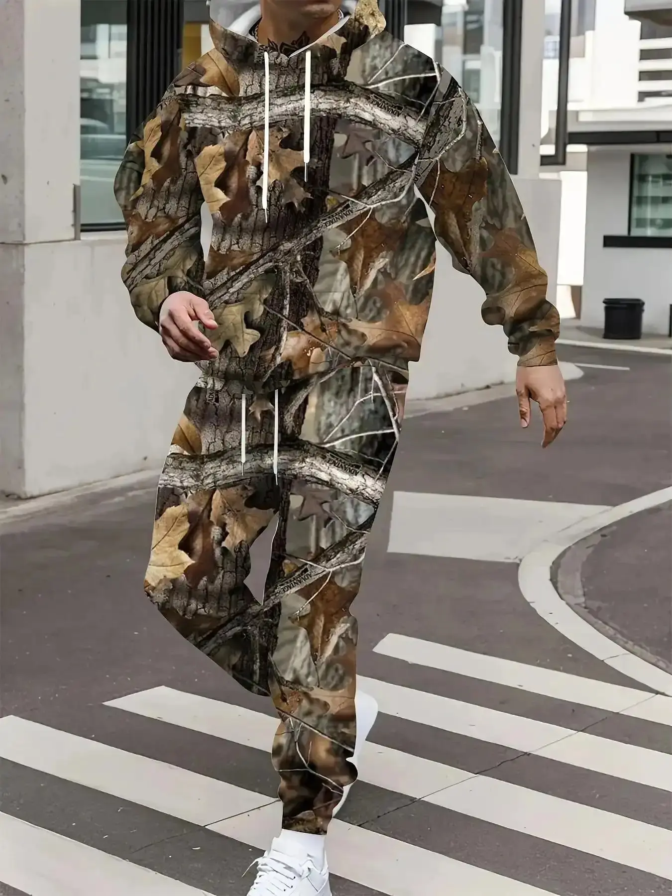 Men's Outdoor Camouflage Hoodie Set Trendy Street Sports Two-Piece Personalized Leaf Print Casual Jogger Set, Warm, Modern, Sharp, Relaxed, Cozy, Soft, Classic, Breathable, Versatile