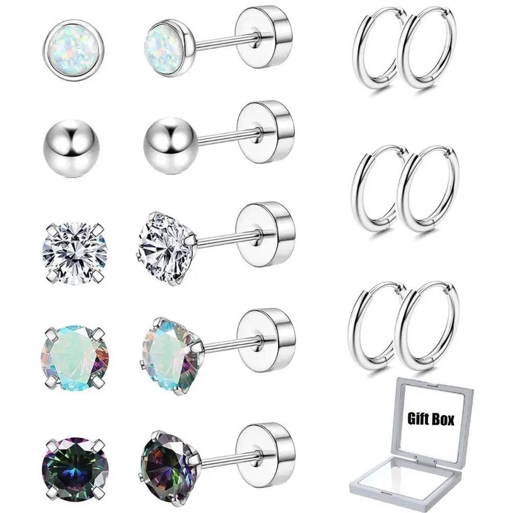 Stud and Hoop Earring Set, 8-Pair 20G Titanium Surgical Steel Flatback Earrings for Women and Men, Hypoallergenic for Swimming, Showering and Earring Stack, Stud Earrings Set, Flatback Stud Earrings