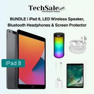 Refurbished Apple iPad 8 10.2" (Wifi) Bundle: LED Wireless Speaker, Bluetooth Headphones, & Screen Protector (1 Year Warranty) Excellent Condition