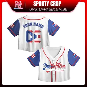 Puerto Rico Baseball Jersey Crop Top – Personalized Name & Number, Red White Blue Star Design Button Up Jersey