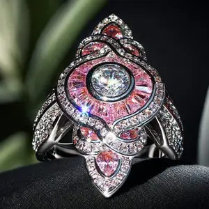 Sparkling Luxury Pink Zircon Channel Set Couple Rings, Promise Rings for Wedding Engagement Eternity, Romantic Anniversary & Birthstone Jewelry Gifts for Men and Women