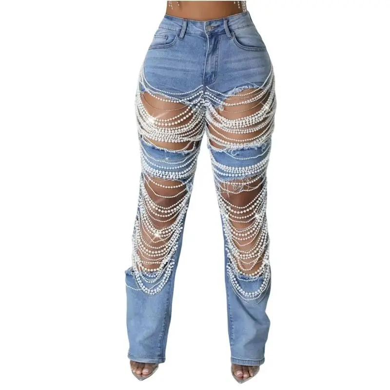 Women's Wide Leg Jeans - Casual Streetwear Ripped Denim Trouser with Pearl Beading, Cutouts, and Tassel Hems, Pearls, Hollow-Outs, Clothes