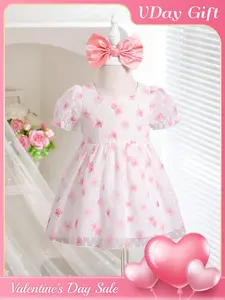 Single Item, Girls' Dress, Girls' Clothing, Summer Flower Printed Dress for Female Infants, Bubble Sleeve Design, Floral Pattern, Give a Bow Hair Accessory as a Birthday Gift, Valentine's Day Gift, Suitable for Holiday Parties