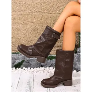 Women's Leather Foldover Shark Classic Buckle Boots, Fashionable Comfort Design, Perfect for Casual Wear, Durable and All-Day Suitable, Footwear