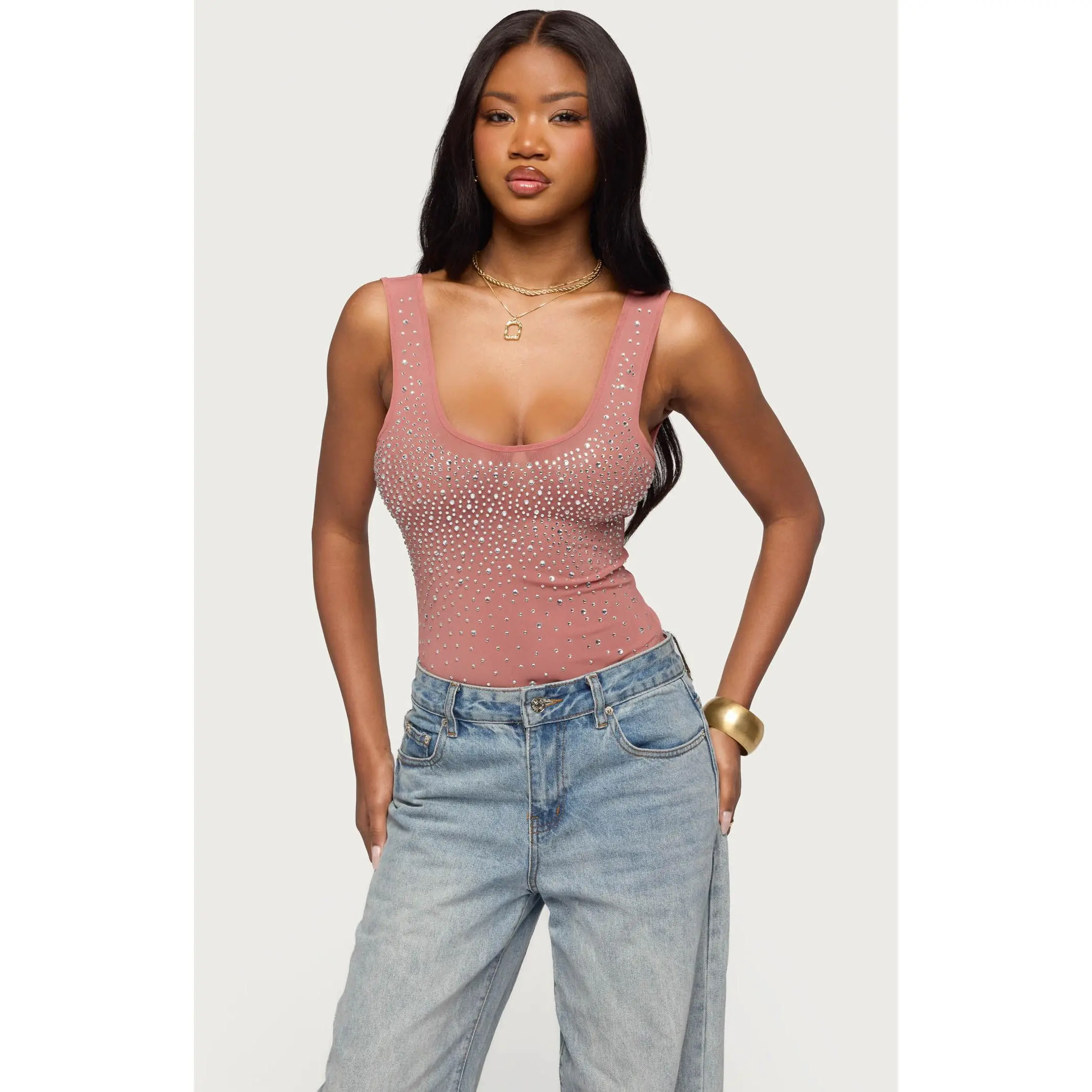 Edikted Women's Angelita Rhinestone Sheer Mesh Bodysuit