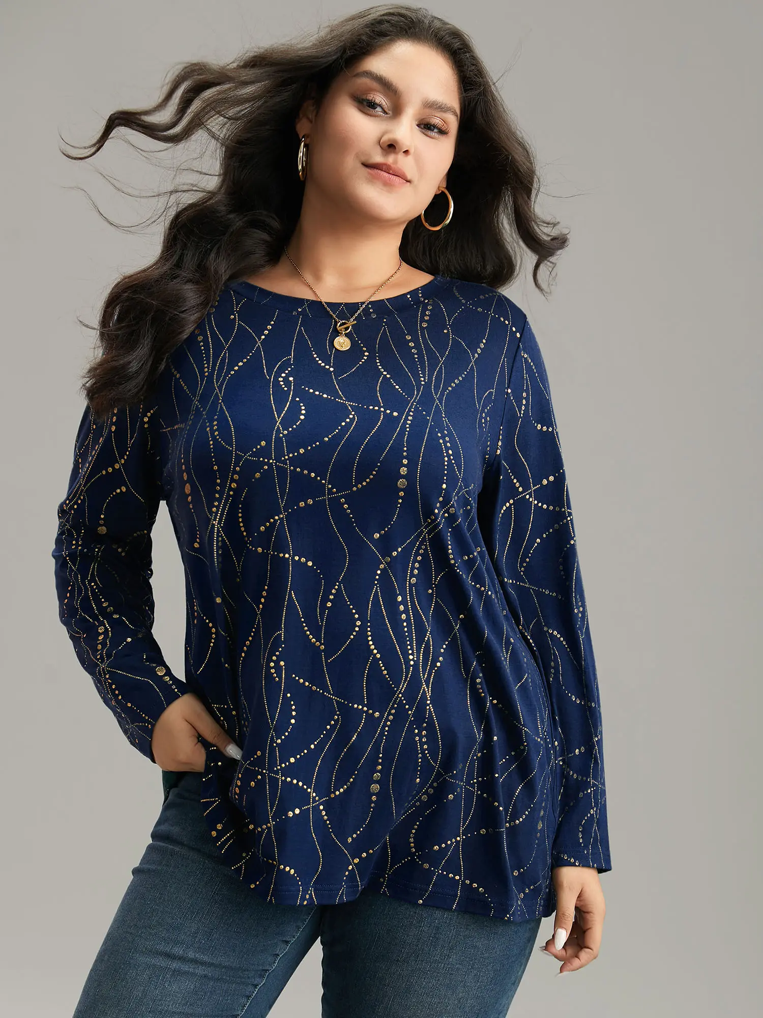 BloomChic Plus Size Casual Chic Polka Dot Blouse - Polyester Rayon Blend Top with Long Sleeves and Contrast Neck, Polka Dots, Affordable Fashion, Eggplant, Printed Contrast, Round Neck, Contrast Binding