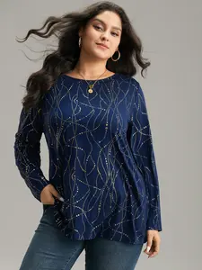BLOOMCHIC Plus Size Lady's Navy Blue Polka Dot Printed Contrast Round Neck Long Sleeve Casual Shirt Blouse Regular Fit [M-6X] 2026 Summer Vibes Swimweek