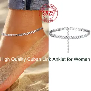 ChicSilver S925 Stackable Simple High Polished Cuban Link Chain Anklets 925 Sterling Silver 3mm Width 8.7 inches Length Ankle Bracelets Summer Beach Foot Jewelry for Women