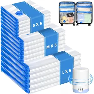 15 Pack Travel Vacuum Storage Bags with Cordless Electric Pump, Combo Rechargeable Space Saver Vacuum Seal Bags for Clothing Travel Vaccine Sealed Storage Bag for Comforters Blankets Clothes