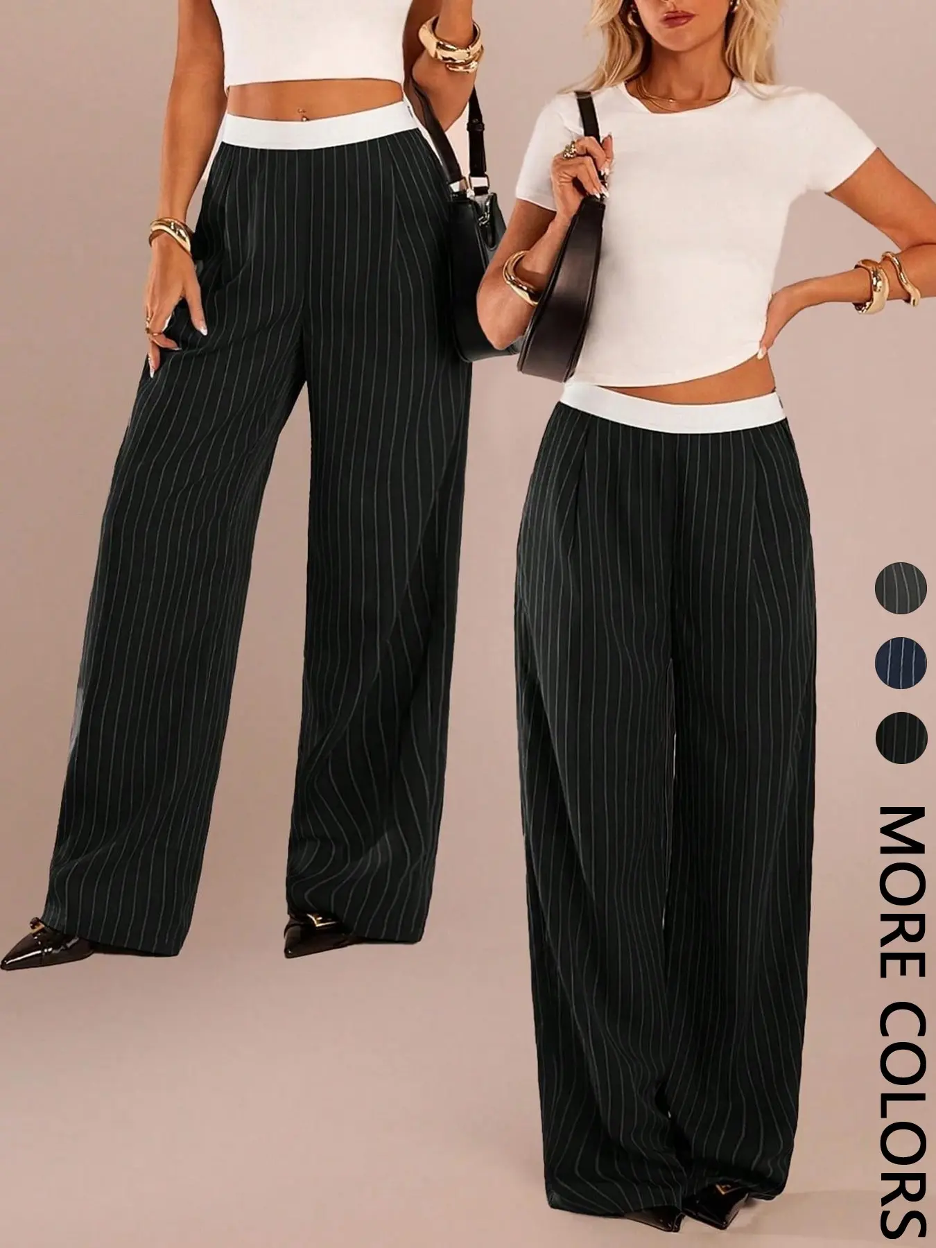 1 Piece  Women's Contrast Waist Striped Pinstripe Loose Wide Leg Pants, Spring Summer High Waist Flowy Y2K Office Outfit, Chic Casual Trousers for Women, Bottoms