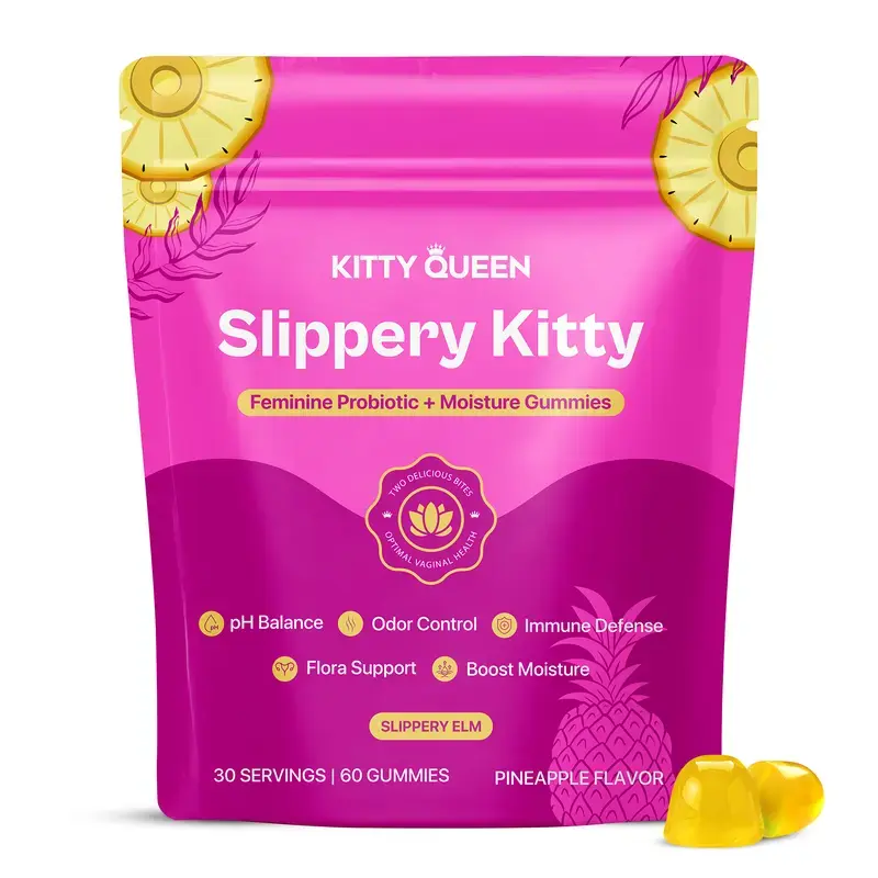 Slippery Kitty Feminine Probiotic + Moisturizing Gummies - Natural 60 Gummies with Slippery Elm Botanical Extracts, Digestive Health All-in-1 Dietary Supplement, Pineapple Flavor Chewable