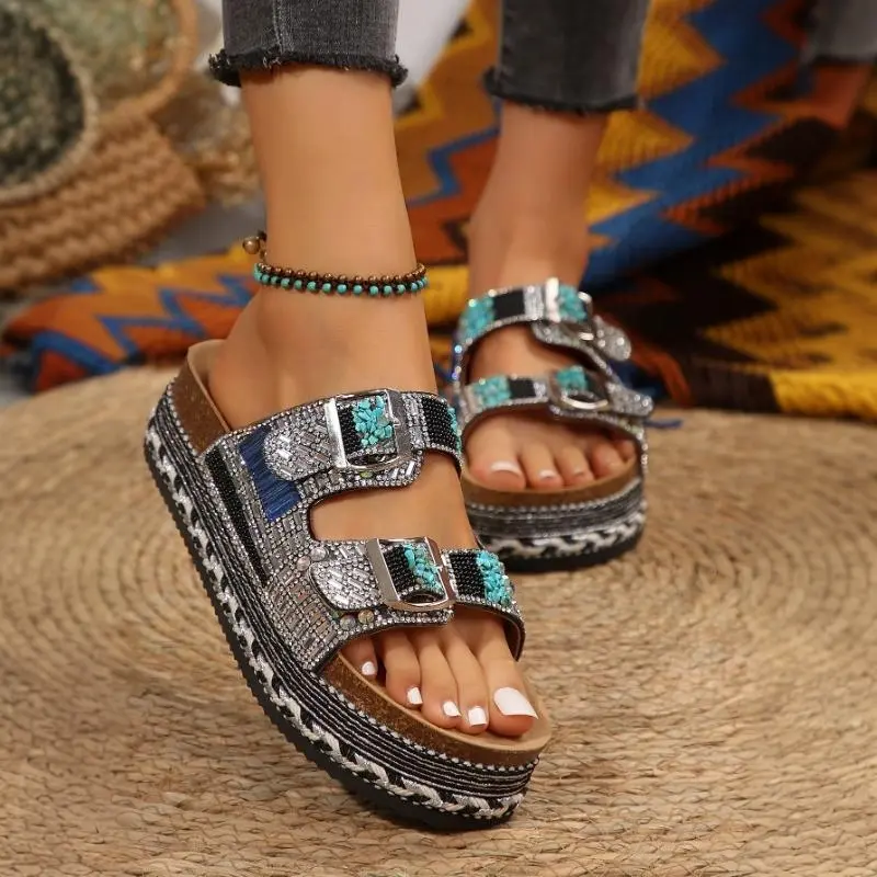 Women's Orthopedic Flat Cork Slip-On Sandals - PU Leather, Arch Support, Lightweight, Unique Style, Sandals for Summer, Casual Indoor/Outdoor Walking Footwear