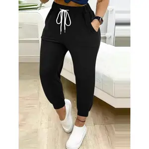 Plus Size solid-color jogger pants with a drawstring waist and pockets, casual and comfortable, suitable for everyday wear; women’s underwear GARMENTARY