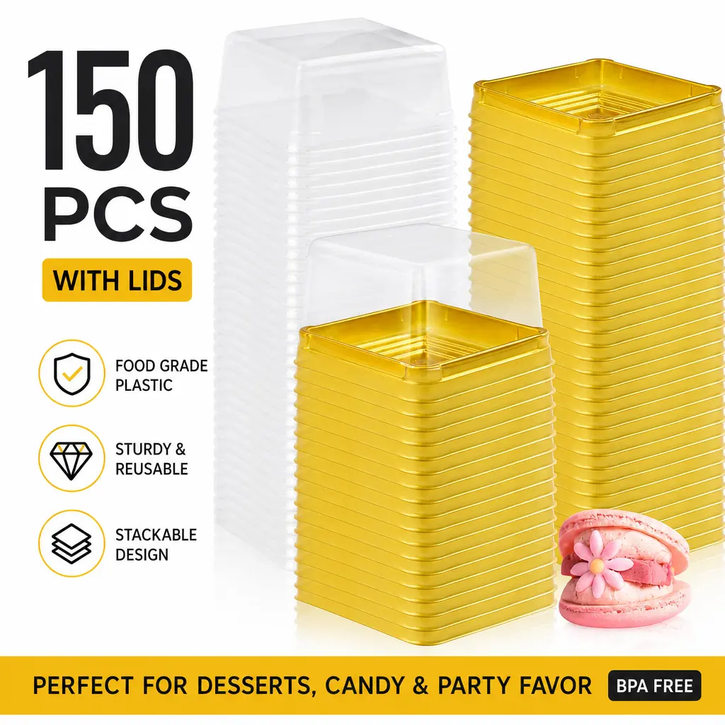 150-Pack 3" Square Food-Grade Plastic Cupcake Containers with Dome Lids - Baking Utensils for Muffins, Party Favors, Home Kitchen Bakeware Supplies (Golden Detail View), 150 Mini Boxes
