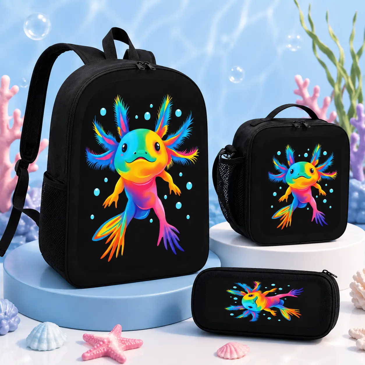 Cute Aesthetic Axolotl Print 3-Piece Functional Backpack Set - Back to School Haul, First Day School GRWM, Watch Party, Animal Theme Cartoon Design, TikTok Viral, Lunch Bag, Pencil Case, 3D Breathable Shoulder Straps, 2-Way Zippers, Animal Theme Backpacks