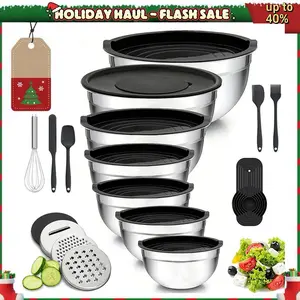 21PCS Stainless Steel Mixing Bowls Set with Lids, Graters, Whisk & Spoons - Nesting Stackable Kitchen Baking Tools
