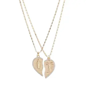B Virgin Mary Heart Necklace 18K Gold Plated Double Chain Combination Prayer Pendant for Women & Men TE AMO Inscribed Couple Necklace Religious Symbolism Elegant Dual Heart Design 45cm Chain Length