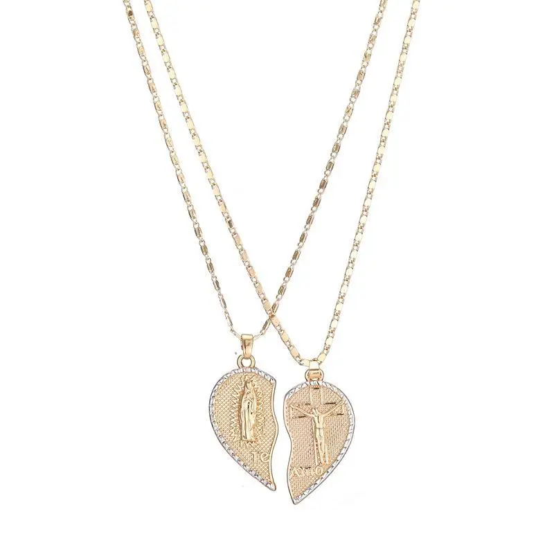 Virgin Mary Heart Necklace 18K Gold Plated Double Chain Combination Prayer Pendant for Women & Men TE AMO Inscribed Couple Necklace Religious Symbolism Elegant Dual Heart Design 45cm Chain Length