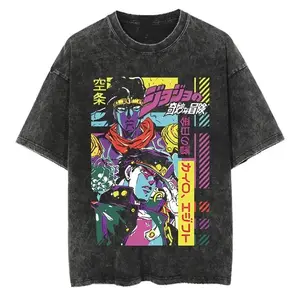 Men's Graphic T-Shirt, Vintage Washed Anime Print, Shortsleeve Round Neck Streetwear Top with Distressed Finish, Anime Merchandise