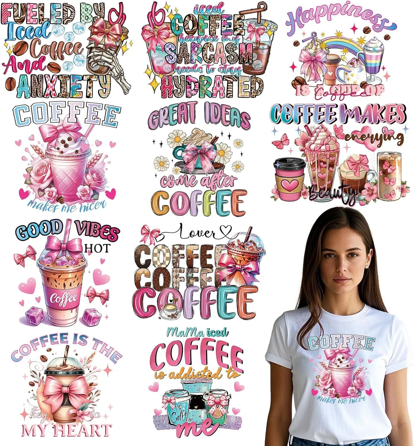 10Pcs Pink Coffee DTF Iron-On Transfer Patches - Heat-Resistant,Fade-Resistant Vinyl Decals with Unique Designs,Pink Patterns,Customized Craft Supplies for Coffee Lovers’ T-Shirts,Pillows