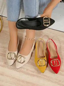 Women's Pointed Toe Metal Buckle Flat Shoes, Back Strap Low Heel Casual Office Shoes, Comfortable Soft Sole Slip-On Sneakers