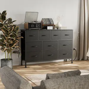 【BF&CM】AOWOS 10 Drawer Dresser, Dresser TV Stand with Power Outlet, Bedroom Dresser, Chest of Drawers for 55'' Long TV, Wide Fabric Dresser for Storage and Organization Modern Accent Cabinet