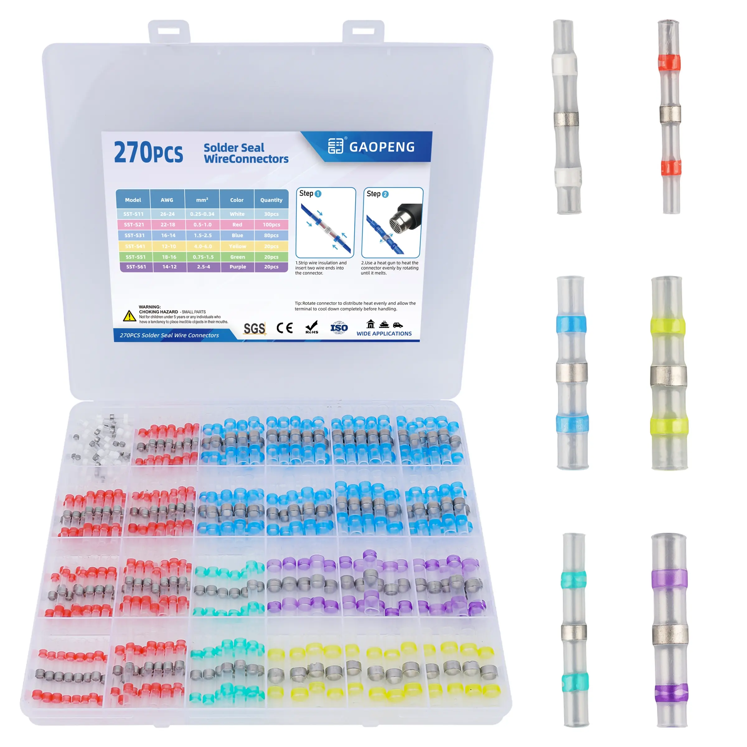 Heat Shrink Wire Connectors Kit, Durable Reliable Connectors, 270 PCS Waterproof Insulated Terminals, Electrical Crimping Connectors for Automotive Home DIY Cable Repair, Waterproof Connectors