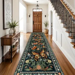 Bohemian Flannel Hallway Rug, Butterfly & Vintage Floral Pattern, Long Strip Carpet, Indoor Decor Mat, Vintage Runner Rug