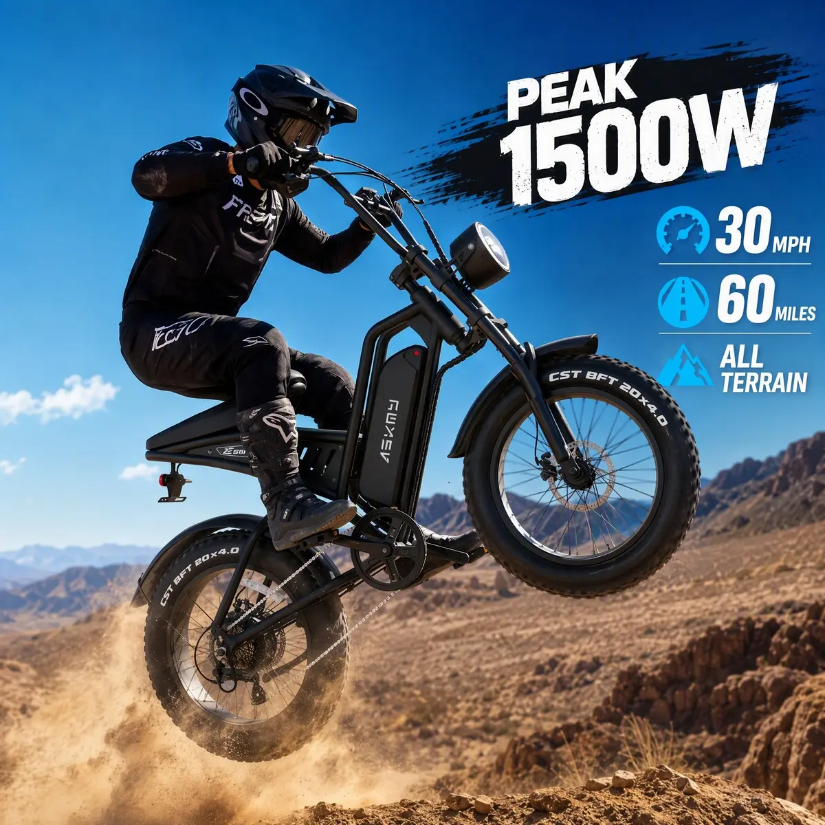 [ASKMY] 20''×4.0'' Fat Tire All Terrain Mountain Bike - 1500W Peak Power (1000W & Above), 48V 15Ah, 30MPH Max Speed, 60 Mi Range, Suspension Fork, Dual Disc Brakes, Bike Seat, 114*160*89cm for Trail Adventures