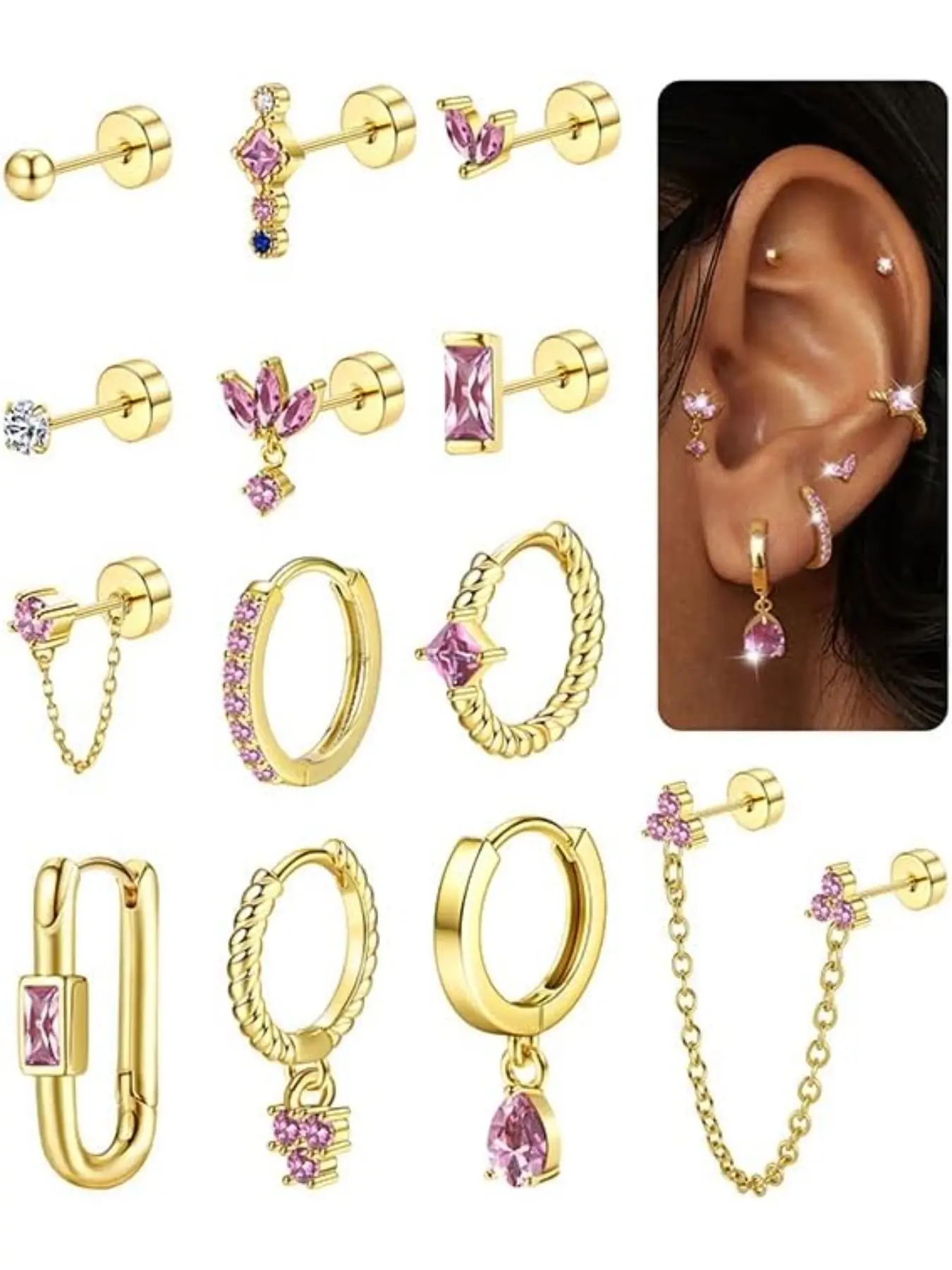 Stud Earrings Small Gold Hoop Earrings Set for Women Flat Back Earring Hypoallergenic Cartilage Earring Lightweight Dainty Studs Earrings 14K Gold Stud Earrings for Multiple Piercing Set Earrings Hoops