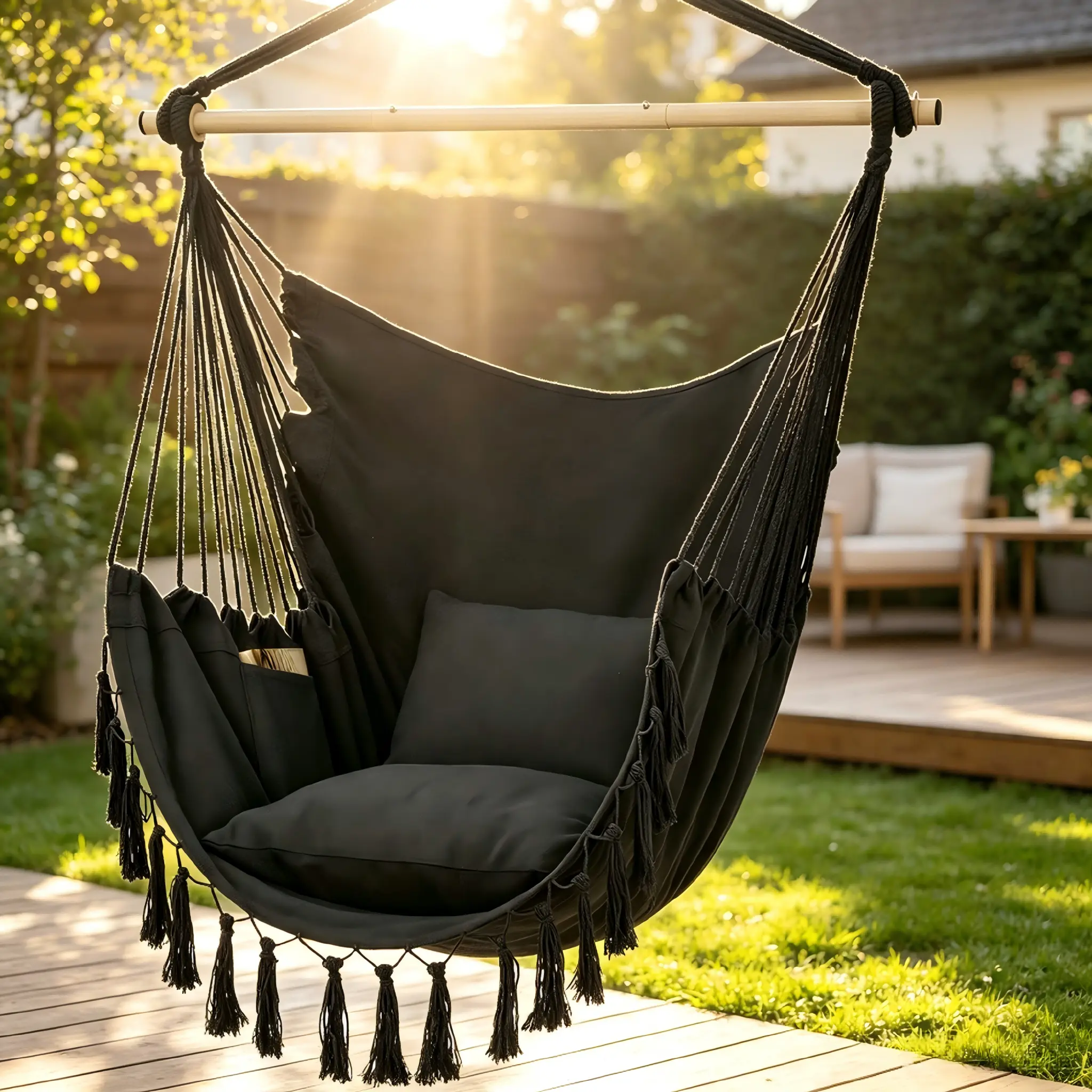 Hammock Chair With Telescoping Metal Poles And Hanging Chains 2 Cushions Included, Large Macrame Hanging Chair With Pocket For Comfort, With Hardware Kit