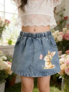Adorable Girl's Denim Mini Skirt with Rabbit Butterfly Pattern, Watercolor Style, Flower Headband, Casual Summer Wear