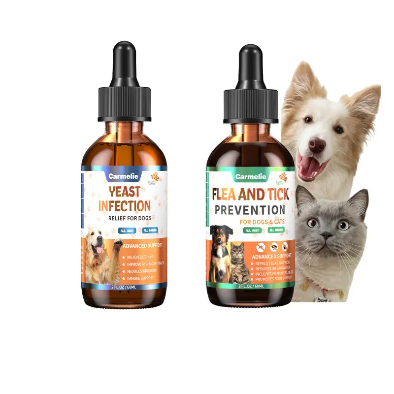 Carmelie Dog Skin & Pest Support Bundle – Yeast Ear & Skin Relief Drops + Flea & Tick Support Drops, Itch & Paw Licking Relief, Ear & Skin Care, Bacon Flavor, Daily Wellness Support