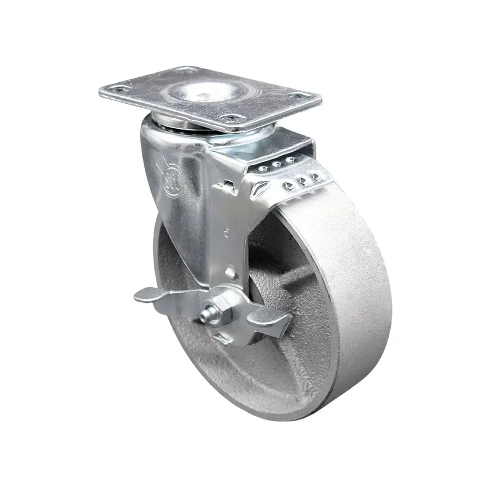 Service Caster SCC-20S514-SSS-TLB-TP2 Lockable Swivel Caster, Furniture Moving Wheel with Top Lock Brake, 5 in. Semi Steel Cast Iron Wheel, 3.13 x 4.13 in. Overall Top Plate, Lockable Wheels
