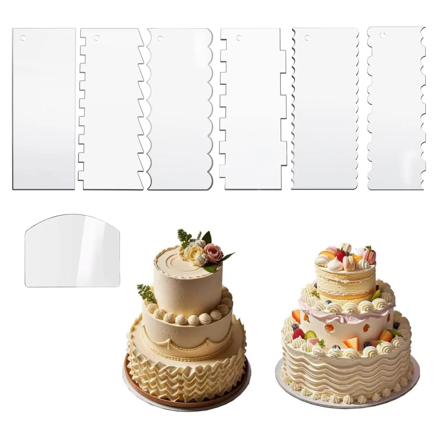 7Pcs Transparent Plastic Bakeware Cake Tools Set - 9.5In Contoured Edge Icing Smoother, Frosting Comb, Cake Edger, Stripes Comb, Pastry Cutter for Mousse, Butter Cream Decoration (Home Improvement)