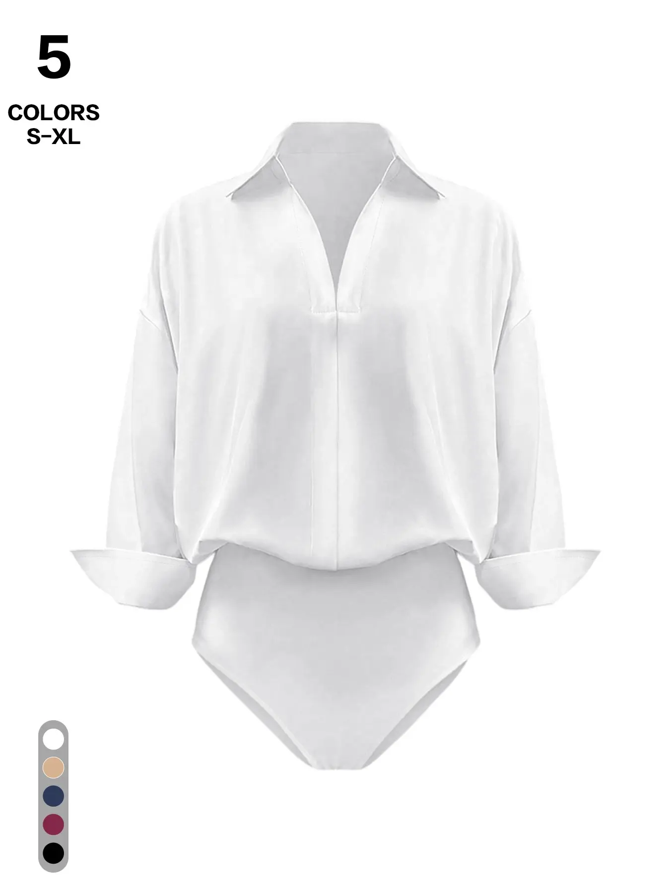 2026 Spring Summer Women's Collared V-Neck Bodysuit Shirt, Long Sleeve Cuffed Blouse Bodysuit, Elegant Loose Fit Work Office Top, Wrinkle-Resistant Buttonless Bodysuit for Business Casual & Daily Wear Basic