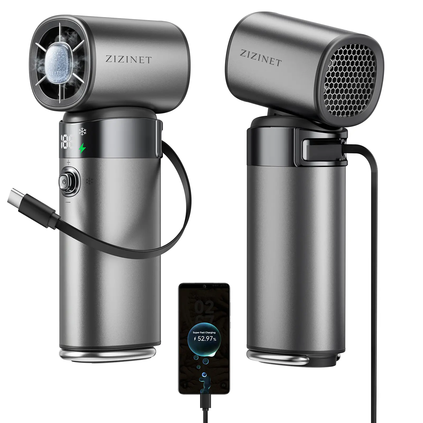 portable Power  Bank 10000mAh with fan ,2-in-1 charger for outdoor  Ice Cooling  Handheld Fan , | Contact Cooling Pad. 16500 RPM Turbo. Built-In Type-C Cable. 35H Runtime. Metal Shell. Stadium & Soccer Game Essentials.Rechargeable Handheld Fan