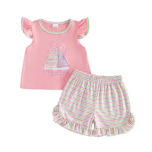 Baby Girl 2-Piece Summer Beach Gift Set - Sailboat Embroidered Flutter-Sleeve T-Shirt, Striped Ruffle Shorts