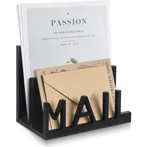 2 Slot Mail Organizer Holder Countertop Wooden Black Letter Holder with Cutout Lettering Design for Office Desktop Envelope and Document Storage Rack
