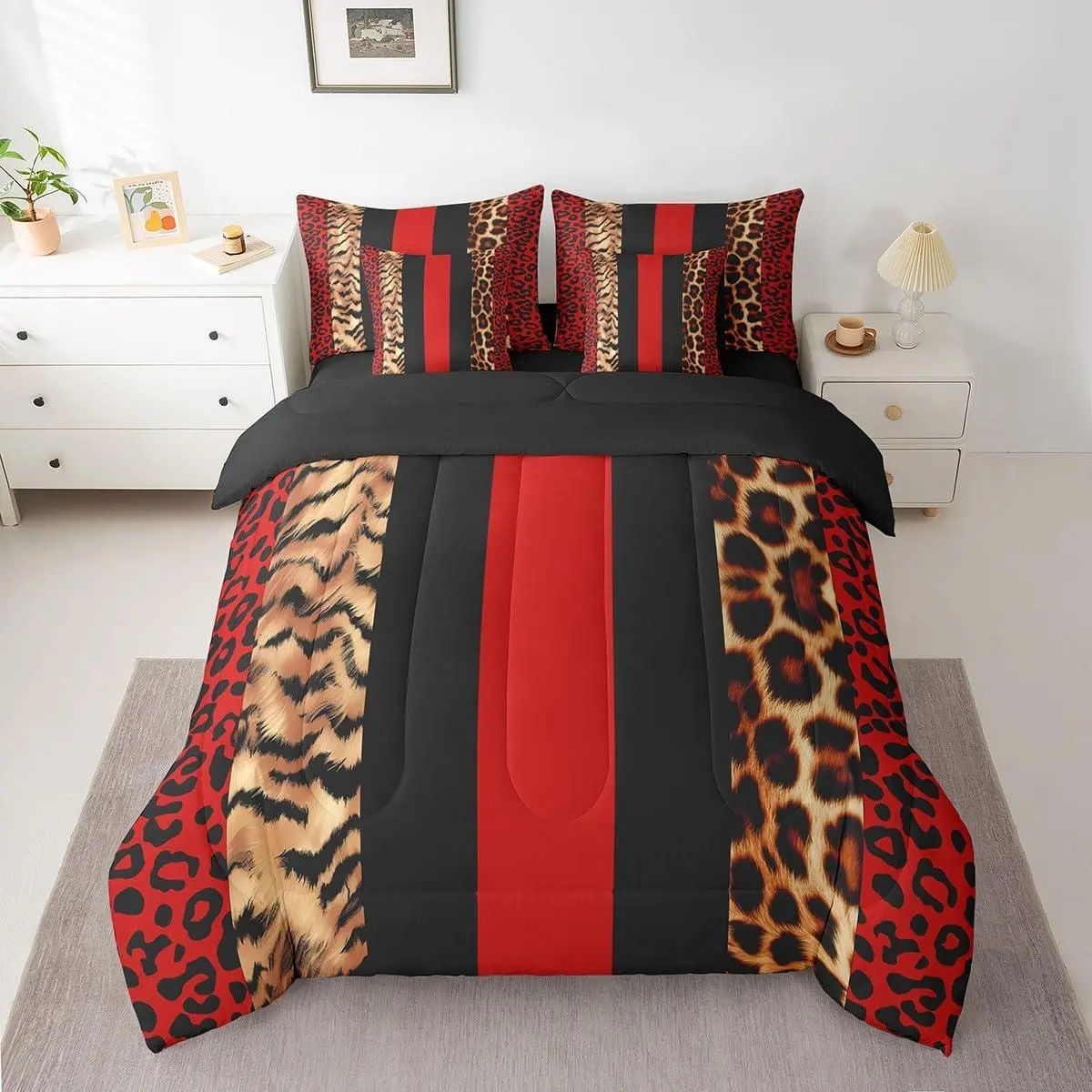 Leopard Fur Print 7 Piece Bedding Set Cheetah Comforter Cover Set Animals Red Black Comforter Bedroom Decor Safari,Flat Sheet,Fitted Sheet,Pillowcases,Zebra