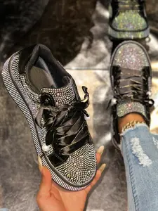 Women's Thick Sole Dad Shoes, Rhinestone Embellished Unique Design, Handmade Fashion Lightweight Luxury Casual Sneakers, Walking Shoes