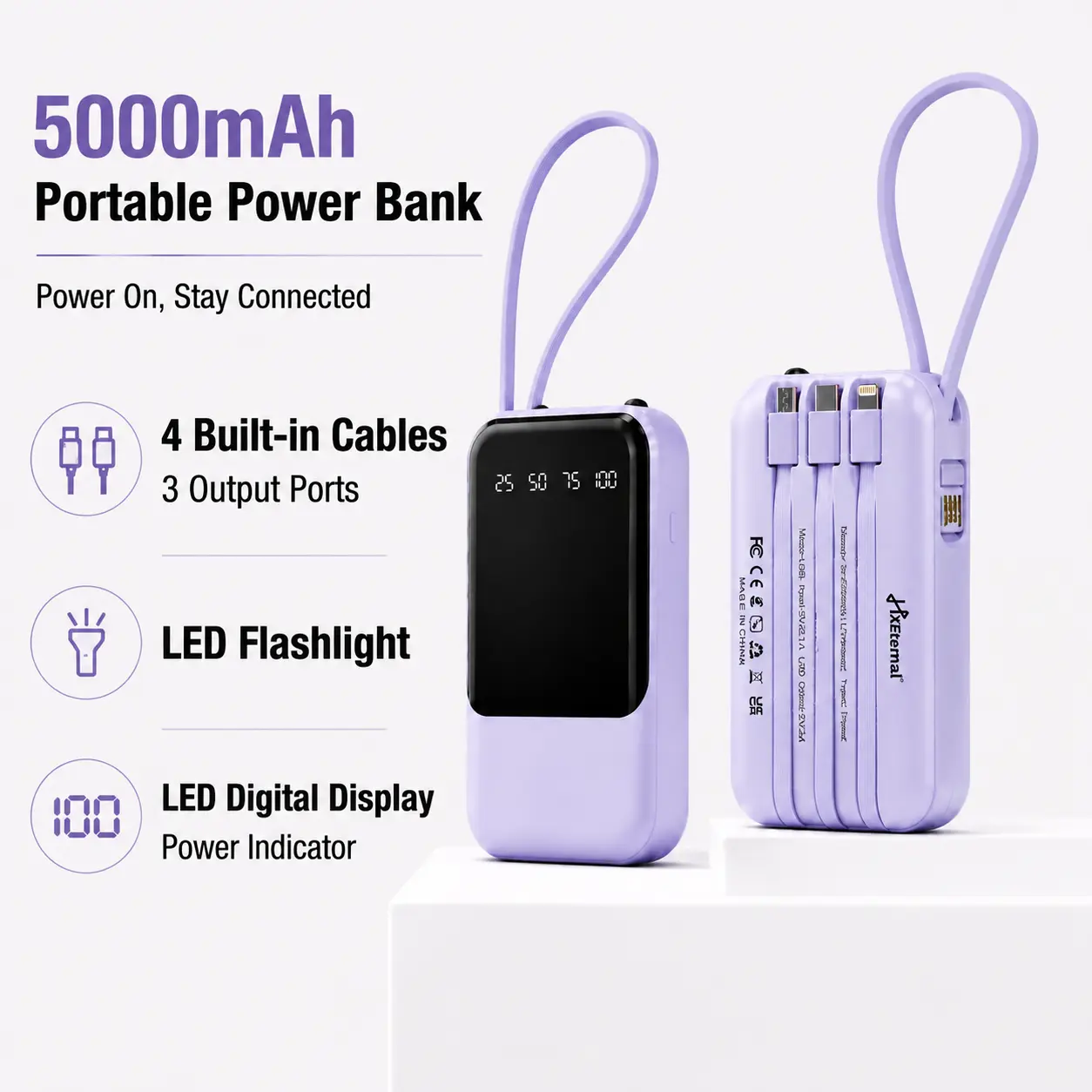 5000mAh Portable Charger with 4 Built-in Cables Fast Charging Power Bank with Digital Display Compact Battery Pack for iPhone Android Travel Smartphone Chargeable