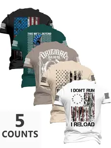 Men's Fashion Round Neck Casual Streetwear Short Sleeve T-Shirt, Summer Comfortable Flag Print Outdoor Tee, 5 Pack, Perfect for Boyfriend Daily Wear