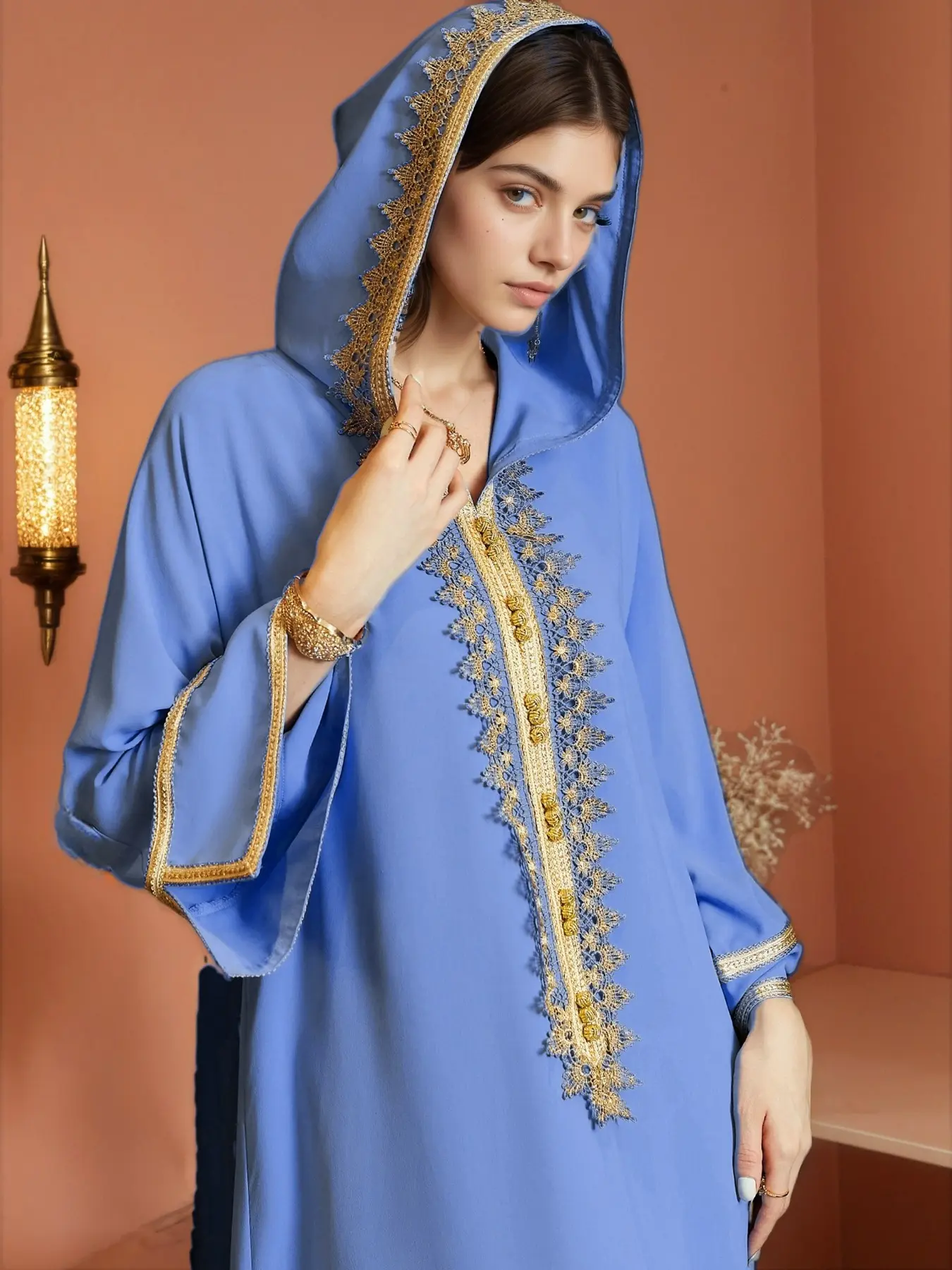 Blue Woven Belt Hooded Casual Comfortable Robe Modesty Muslim Thobe, Modest Clothes, Long Sleeve Loungewear, Soft Fabric, Perfect for Relaxing at Home