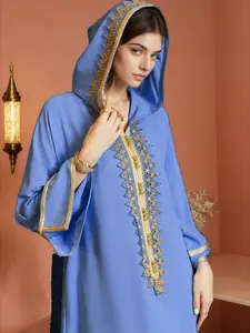 Blue Woven Belt Hooded Casual Comfortable Robe Modesty Muslim Thobe, Long Sleeve Loungewear, Soft Fabric, Perfect for Relaxing at Home