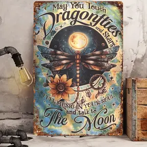 Vintage Moon & Dragonfly Metal Tin Sign (8 "x 12") - Rustic Wall Art for Home, Bar, and Outdoor Decor