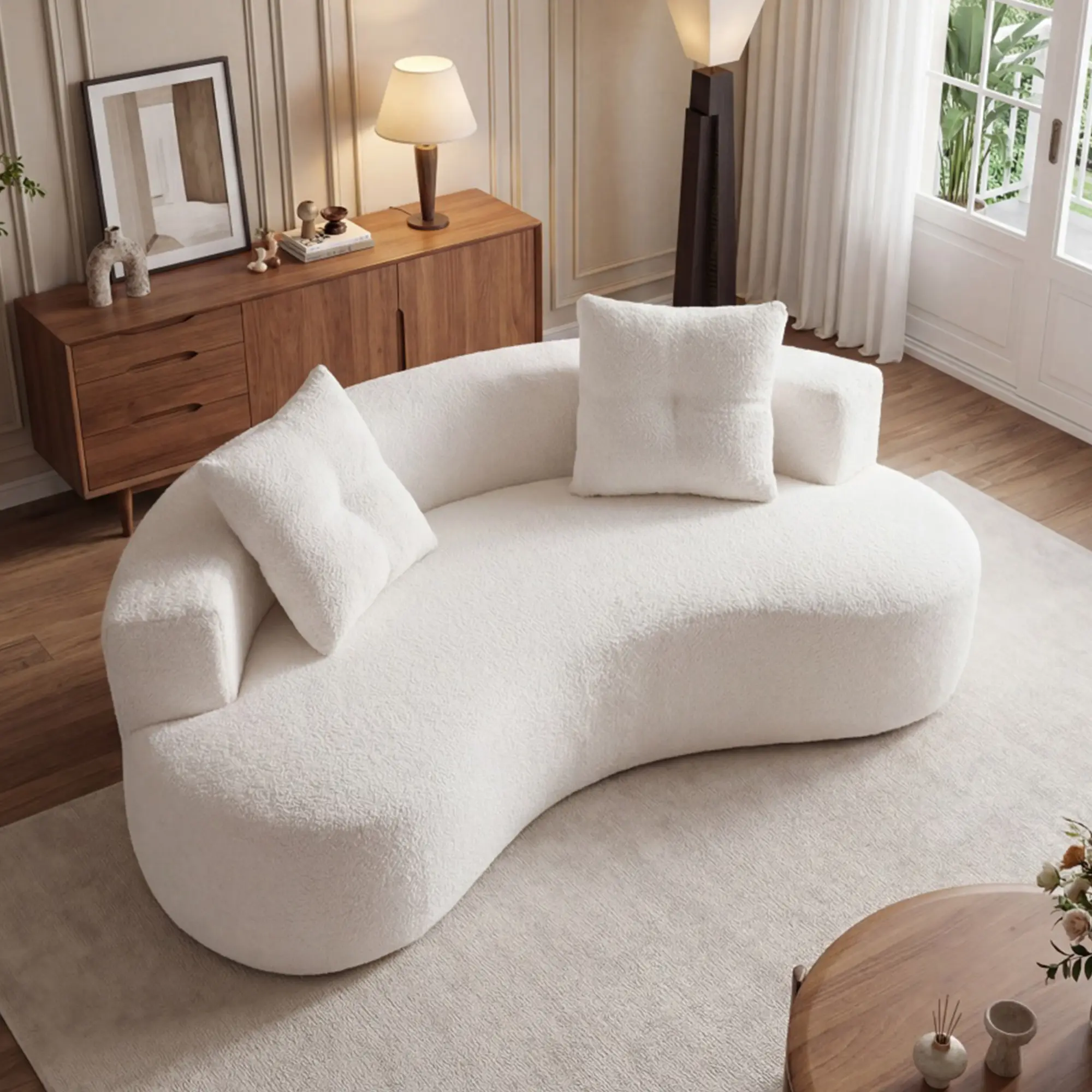 80" Boucle Curved Modular Boneless Sofa with 2 Pillows, Upholstered Modern Style 3-Seater Couch with High Resilience Cushion, No Assembly Required, for Apartment, Living Room, Office, White